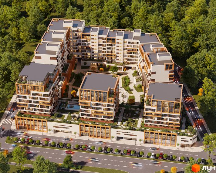 Житловий комплекс For Life: багатоповерхові будинки з білими фасадами та дерев'яними елементами, що оточують зелений внутрішній двір з доріжками та зоною відпочинку.