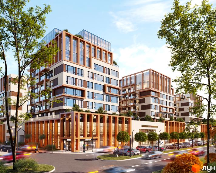 Житловий комплекс For Life: багатоповерхові будинки зі світлими фасадами, дерев'яними елементами та скляними поверхами. Навколо дорога, дерева, магазини.