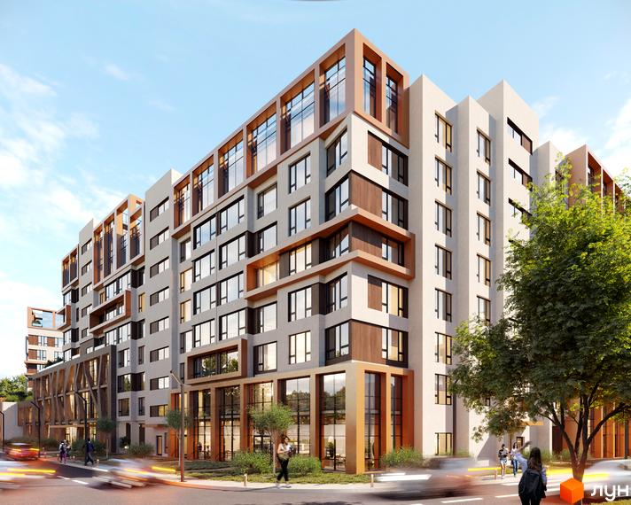 Житловий комплекс For Life з багатоповерховим будинком світлого кольору з великими вікнами та дерев'яними елементами, розташований біля дороги з деревами.
