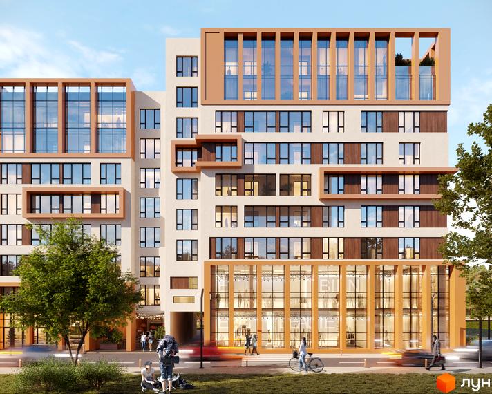 Житловий комплекс For Life: багатоповерховий будинок зі світлим фасадом, великими вікнами та дерев'яними елементами, оточений зеленою зоною з людьми.