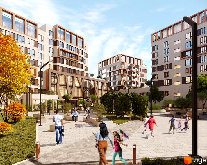 Житловий комплекс For Life: багатоповерхові будинки зі світлими фасадами та великими вікнами. Облаштований внутрішній двір з зеленими насадженнями та доріжками.