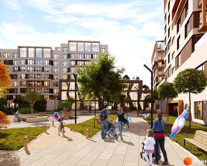 Житловий комплекс For Life складається з багатоповерхових будівель зі світлими фасадами, а прибудинкова територія облаштована зеленими зонами, деревами та пішохідними доріжками.