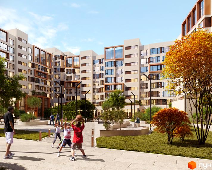 Багатоповерхові будинки Житлового комплексу For Life зі світлими фасадами. На прибудинковій території облаштовані зелені зони та доріжки, де граються діти.