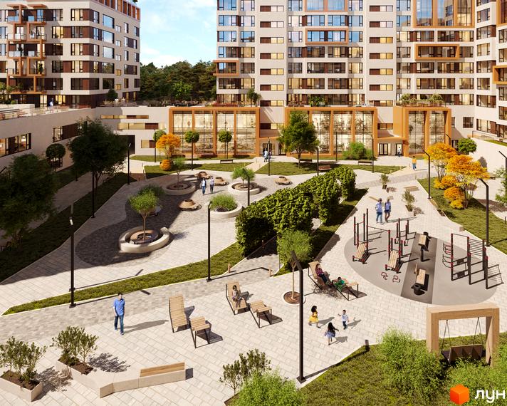Багатоповерхові будинки Житлового комплексу For Life з великими вікнами та облаштованою прибудинковою територією, що має зони відпочинку та спортивні майданчики.