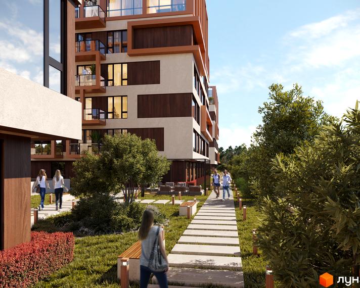 Житловий комплекс For Life з багаторівневими фасадами та балконами. Прибудинкова територія з доріжками, зеленими насадженнями та зонами відпочинку.