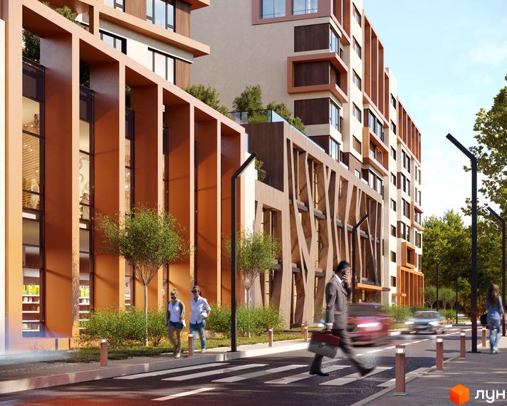 Житловий комплекс For Life з фасадом коричневих та бежевих відтінків, великими вікнами. Прибудинкова територія облаштована зеленими насадженнями та пішохідними зонами.