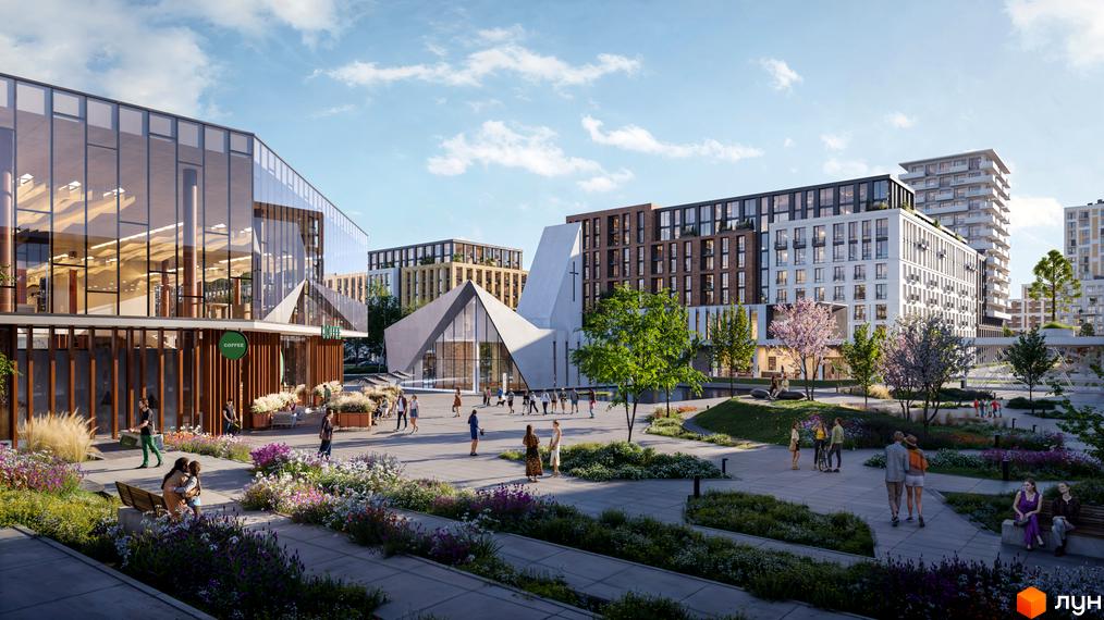 Житловий комплекс PARK ROYAL з великими вікнами та терасами. На території комплексу є пішохідні алеї, зелені зони та місця для відпочинку.