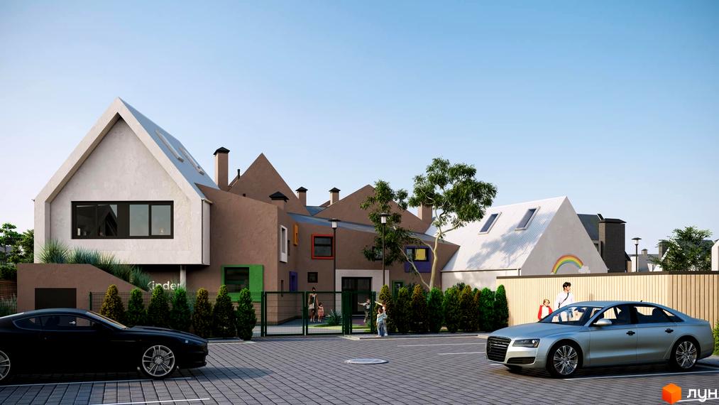 Котеджне містечко КМ VILLAGGO. Фасади будинків з різнокольоровими елементами та дитячим майданчиком. На парковці два автомобілі.