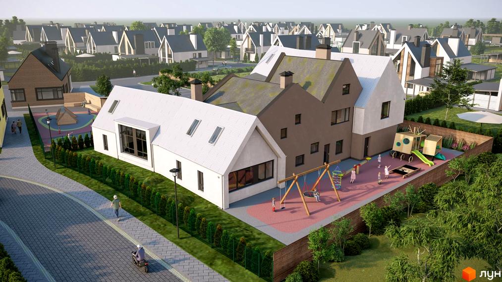 Котеджне містечко КМ VILLAGGO. Зовнішній вигляд будинків з білими та коричневими фасадами, дитячий майданчик з гойдалками та гіркою.