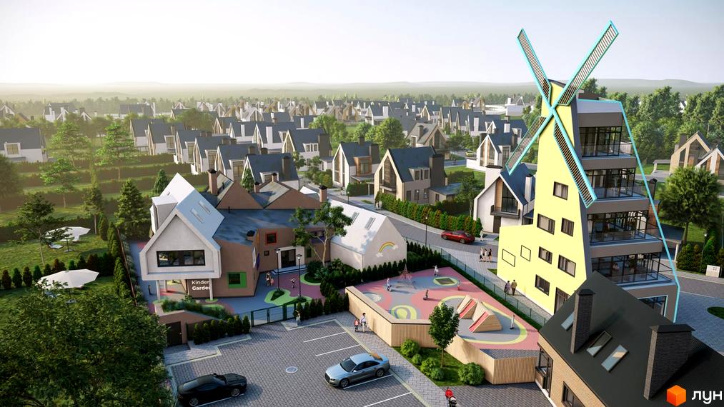 Котеджне містечко KM VILLAGGO. Зовнішній вигляд будинків у стилі модерн з елементами традиційної архітектури. Територія комплексу з дитячим майданчиком та зеленими зонами.