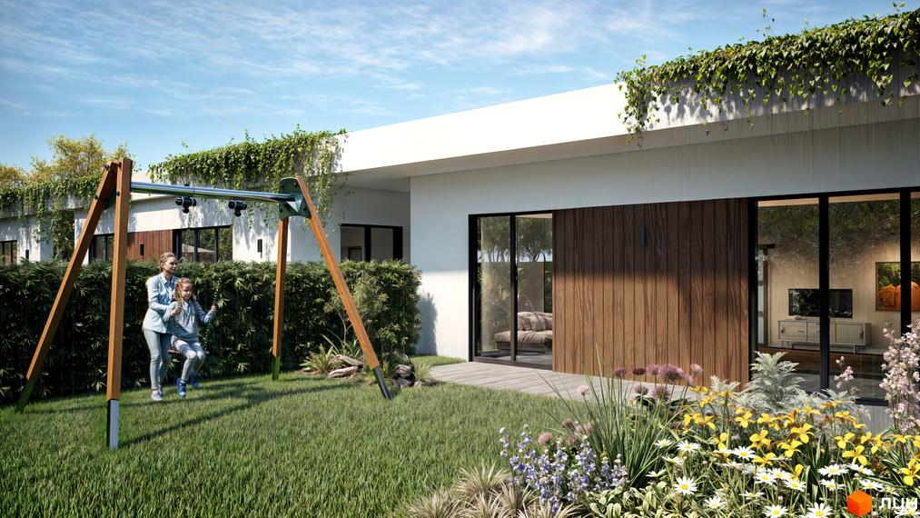 QSide – житловий комплекс з просторим двориком, де діти граються на гойдалці, а дорослі відпочивають серед зелені та квітів.