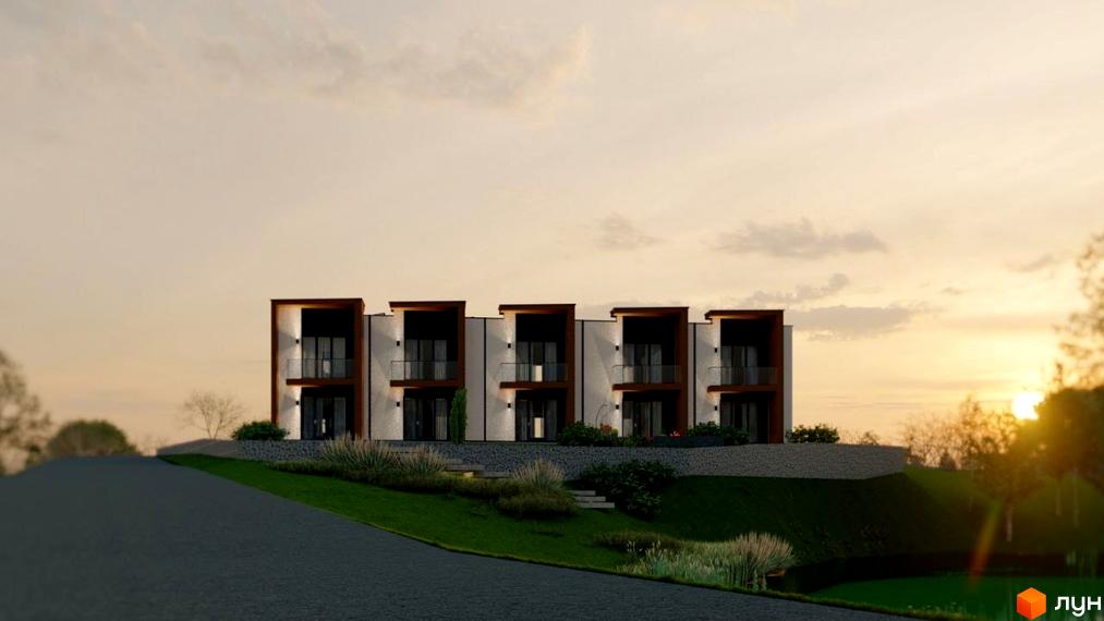 Таунхауси „Комфорт Таун“ з двома поверхами та балконами на кожному поверсі, розташовані на схилі з доглянутою прибудинковою територією та зеленими насадженнями.