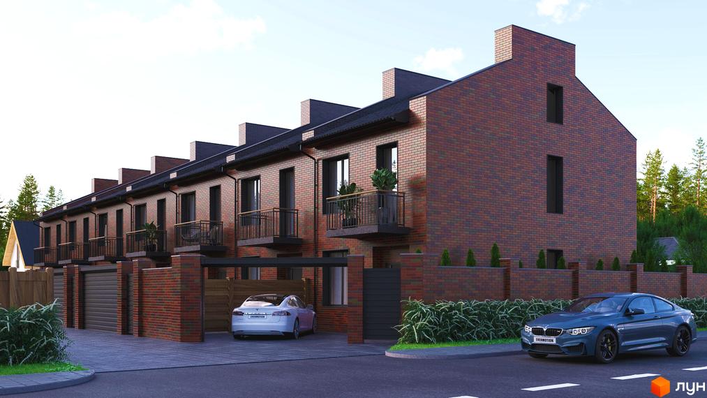 Зовнішній вигляд таунхаусів Позітано Центр 2 з червоної цегли з балконами та прибудинковою територією з автомобілями та парканом.