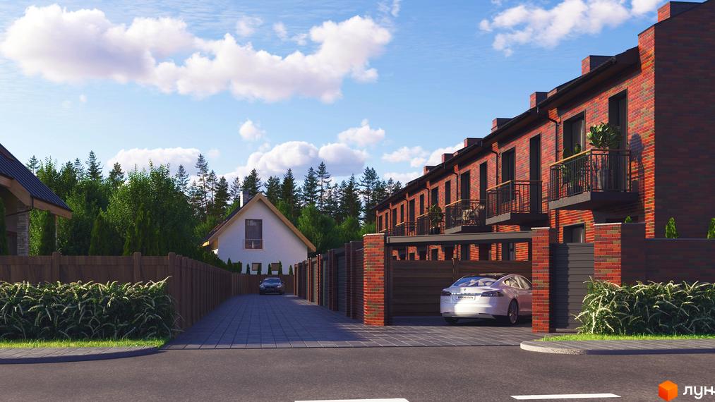 Таунхауси Позитано Центр 2 з цегляним фасадом та балконами, розташовані на брукованій ділянці з зеленими насадженнями та автомобілями.