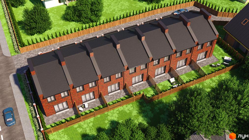 Таунхауси Позітано Центр 2 з червоної цегли з сірими дахами та доглянутими подвір'ями, оточені зеленню та дерев'яним парканом.