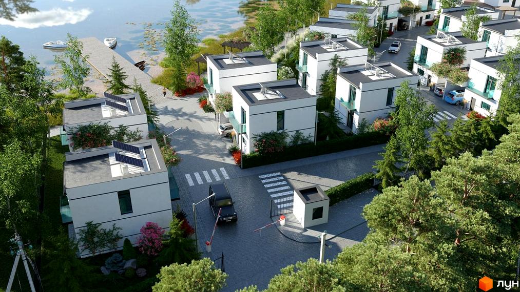 Котеджне містечко Sunrise Residence з білими будинками та зеленими насадженнями біля водойми. На території є парковка та шлагбаум.