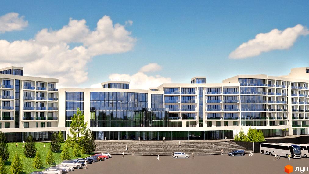 Апарт-комплекс PHOENIX MEDICAL RESORT має багатоповерхову будівлю з панорамними вікнами та балконами, перед якою розташована зелена зона та парковка з автомобілями та автобусами.