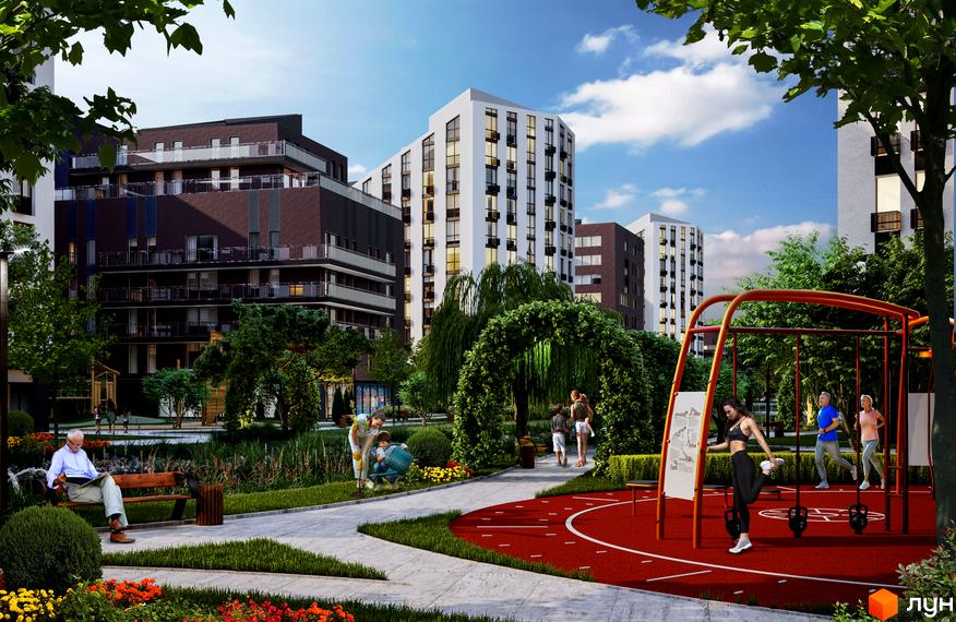 Житловий комплекс Paradise Avenue з прибудинковою територією: будівлі, пішохідні доріжки, спортивний майданчик та зелені насадження. Люди відпочивають та займаються спортом.