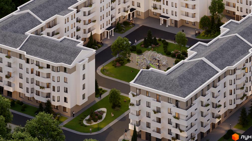 Житловий комплекс Меридіан представлений білими багатоповерховими будинками з сірими дахами та балконами. На зображенні видно затишний двір з зеленими насадженнями та великим дитячим майданчиком.