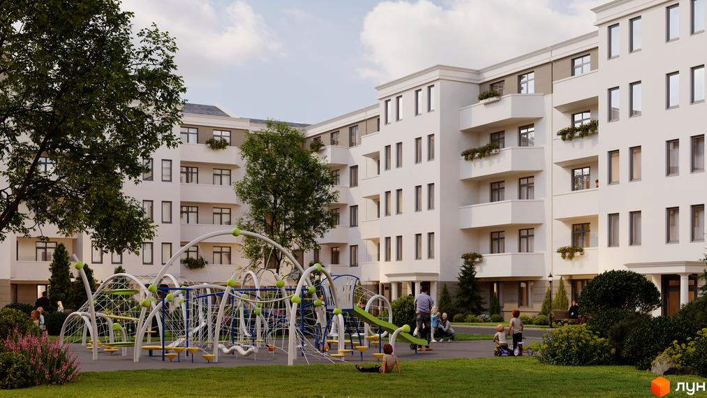 Житловий комплекс Меридіан: біла багатоповерхівка з балконами та дитячим майданчиком на зеленій території.