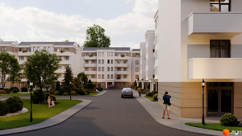 Житловий комплекс Меридіан з білими фасадами, балконами та цоколем під камінь. Прибудинкова територія озеленена деревами, кущами та доріжками.