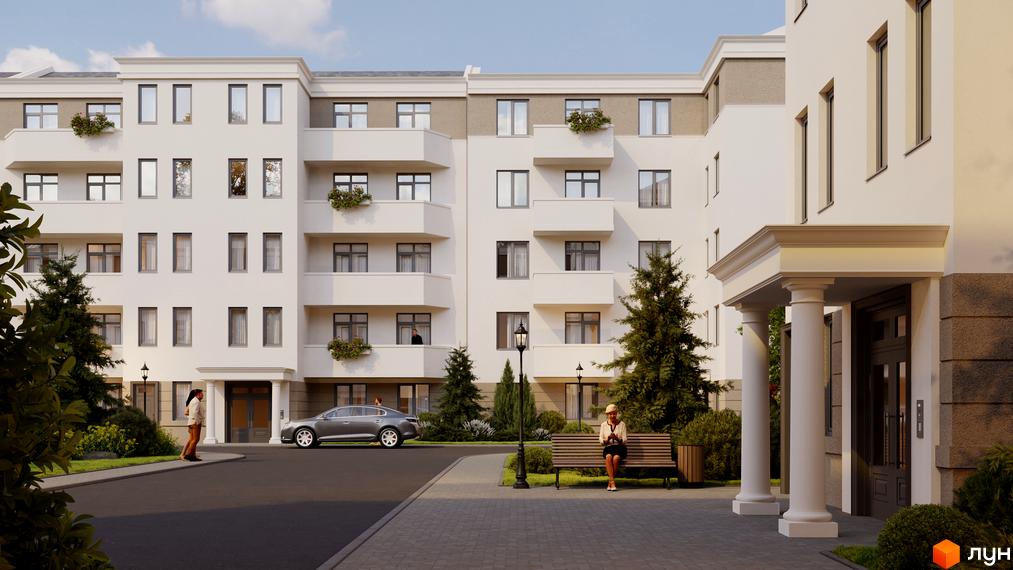 Житловий комплекс Меридіан: світлий багатоквартирний будинок з класичними елементами та балконами. Прибудинкова територія з зеленими насадженнями, доріжками та зоною відпочинку.