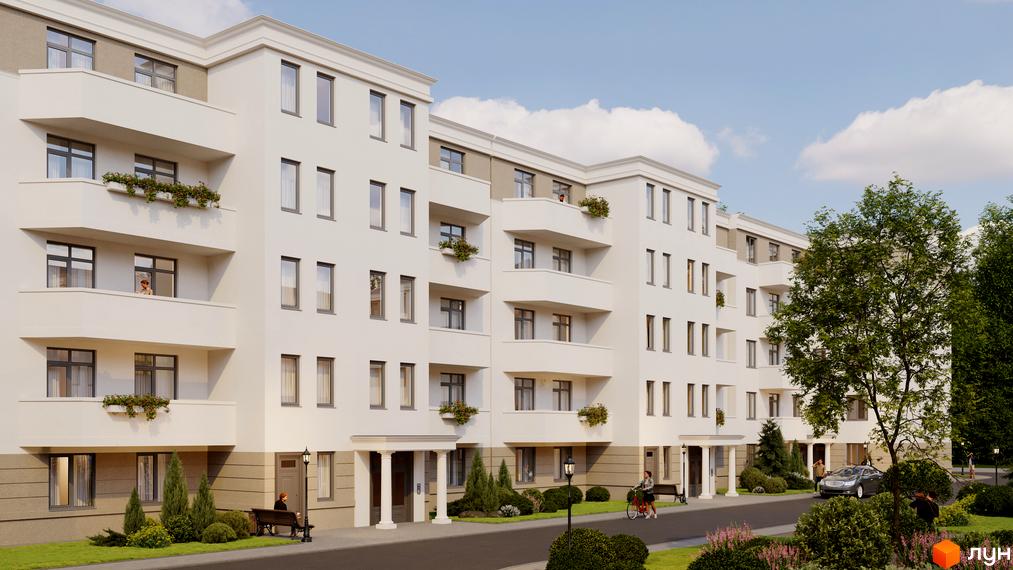 Багатоповерховий будинок Житловий комплекс Меридіан зі світлими фасадами та балконами, оточений зеленими насадженнями та доріжками.