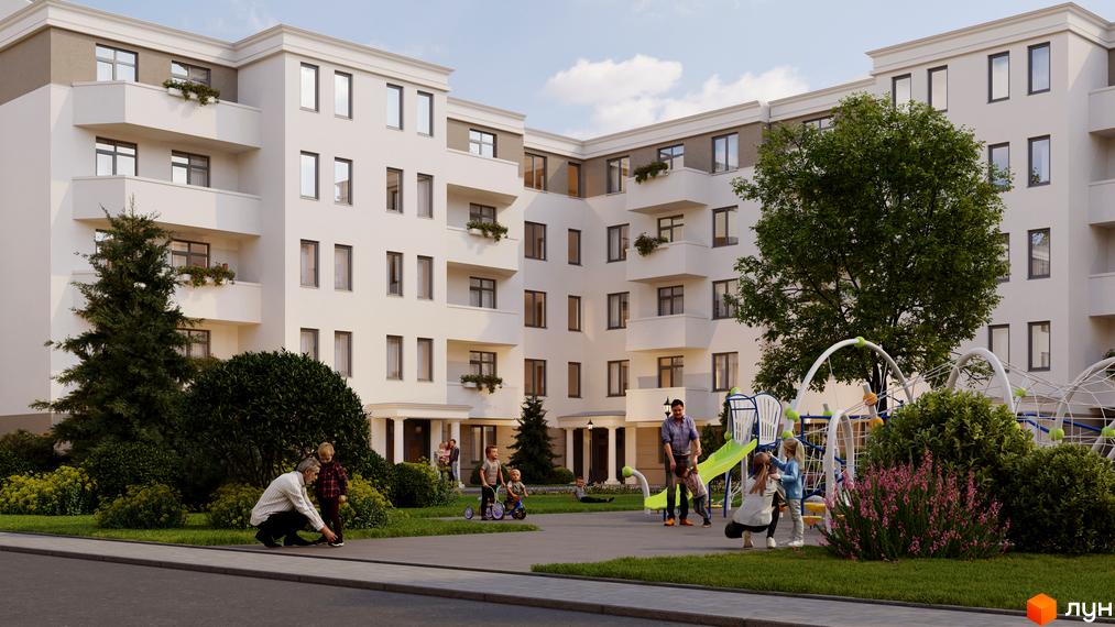 Житловий комплекс Меридіан: біла багатоповерхівка з балконами та дитячим майданчиком. Навколо зелені насадження та дерева.