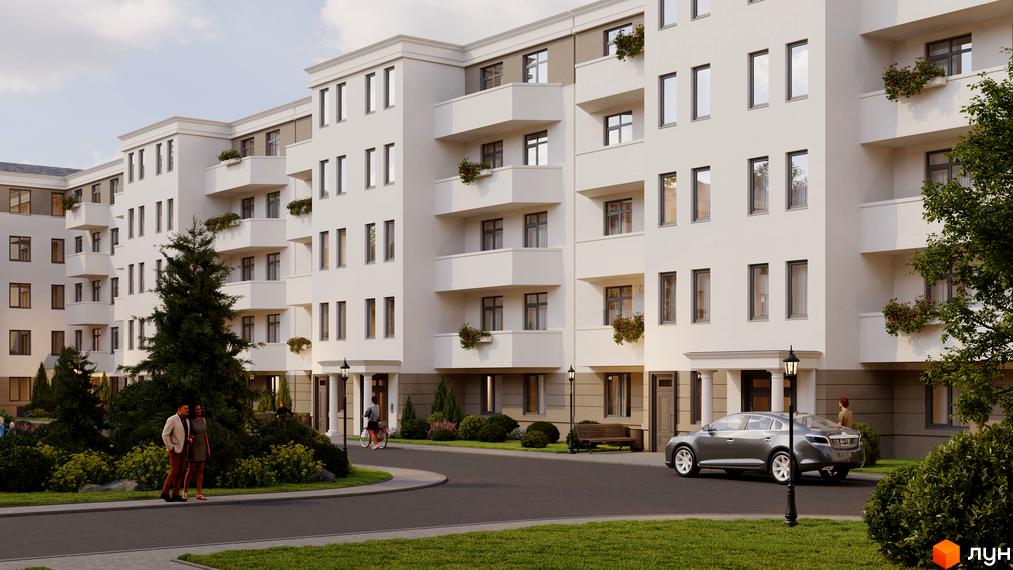Житловий комплекс Меридіан: світлий багатоповерховий будинок з балконами та великими вікнами. Прибудинкова територія з доріжками, зеленими насадженнями та автомобілями.