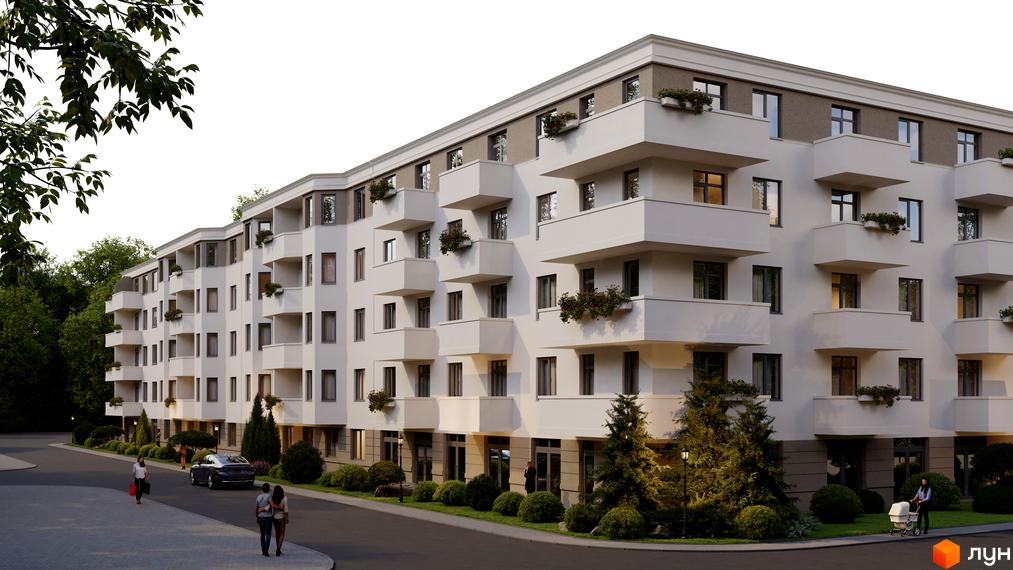 Житловий комплекс Меридіан – це багатоповерхова новобудова з балконами та вікнами, оточена деревами та доглянутою прибудинковою територією.