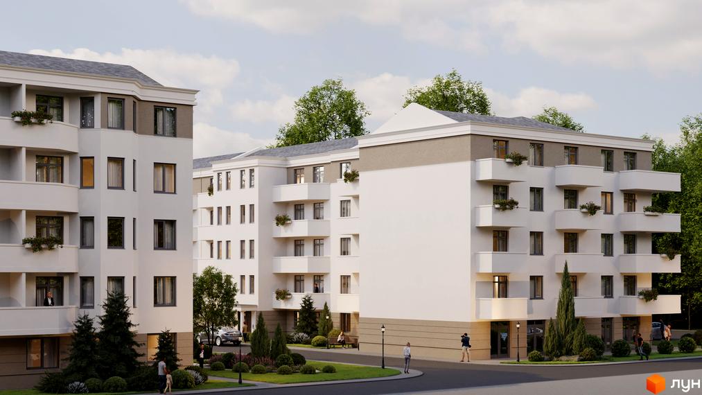 Житловий комплекс Меридіан: багатоповерхові будинки світлого кольору з балконами та вікнами. Прибудинкова територія озеленена деревами та кущами, з доріжками та освітленням.