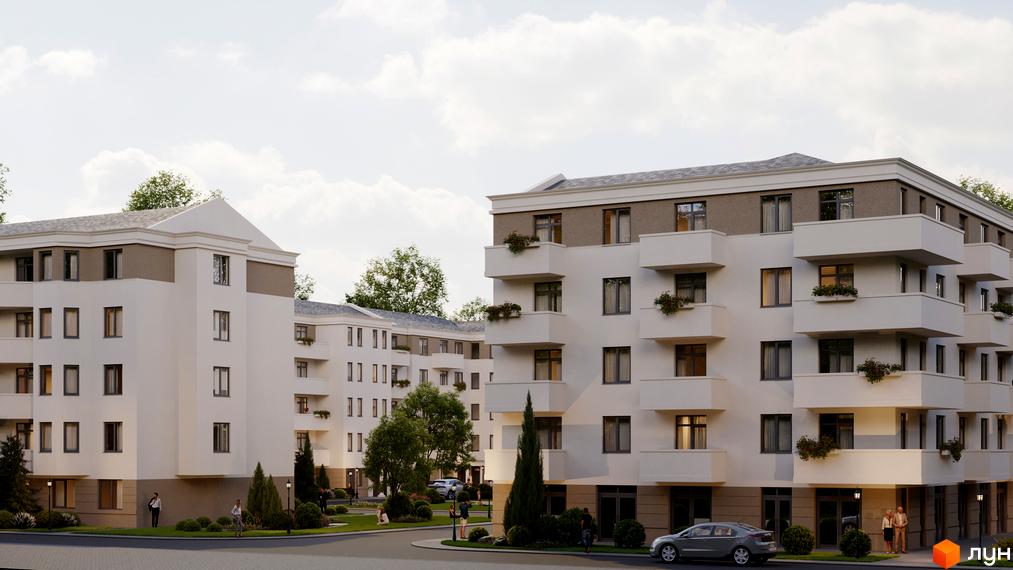 Зовнішній вигляд житлового комплексу Меридіан з білими фасадами та балконами, зелена прибудинкова територія з деревами та людьми.