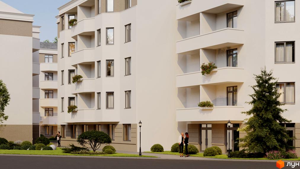 Житловий комплекс Меридіан – це сучасна новобудова з балконами та квітами на фасаді, розташована біля доглянутої прибудинкової території з деревами та кущами.