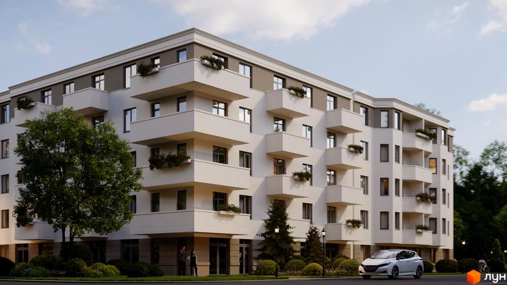 Житловий комплекс Меридіан – це сучасна новобудова з балконами та зеленою прибудинковою територією. На зображенні видно фасад будинку та прилеглий парк.