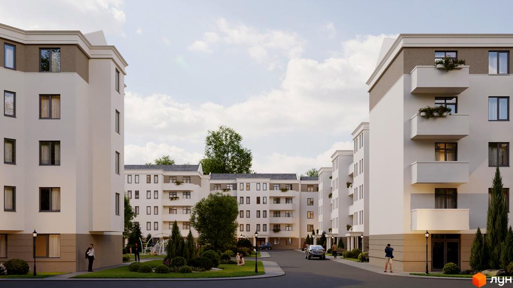 Зовнішній вигляд новобудови ЖК Меридіан з балконами та вікнами, прибудинкова територія з деревами та людьми.