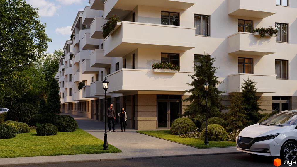 Житловий комплекс Меридіан з білими балконами та зеленими насадженнями. Зовнішній вигляд новобудови та прибудинкової території.