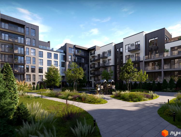 Житловий комплекс Grand Hills. Сучасна архітектура будівель з балконами та великими вікнами. Доглянута прибудинкова територія з зеленими насадженнями та дитячим майданчиком.