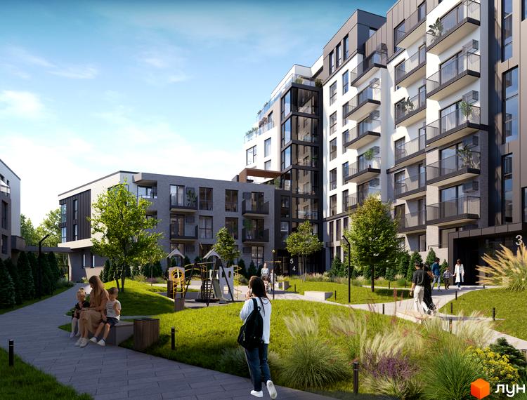 Житловий комплекс Grand Hills: фасади будинків з балконами та вікнами, зелена прибудинкова територія з дитячим майданчиком та місцями для відпочинку.