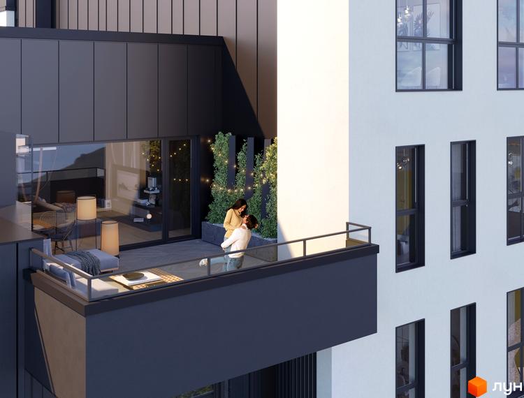 Житловий комплекс Grand Hills: сучасна архітектура та затишний балкон з парою. Зовнішній вигляд новобудови та прибудинкова територія.