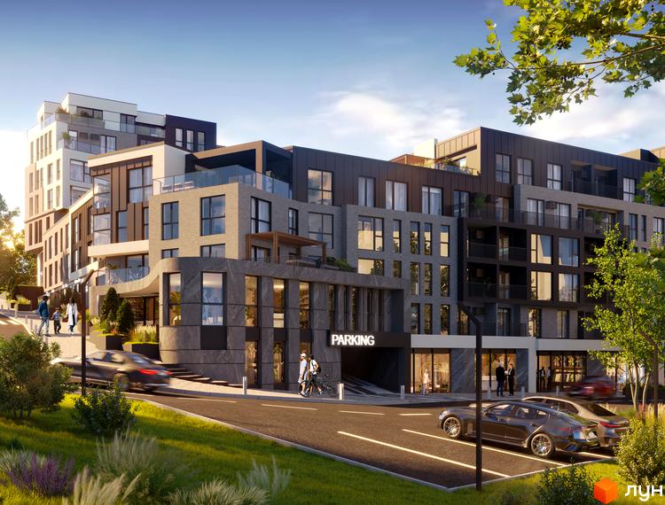 Зовнішній вигляд житлового комплексу Grand Hills з різнорівневими поверхами та скляними балконами. Перед будинком розташована парковка та зелена зона з деревами.