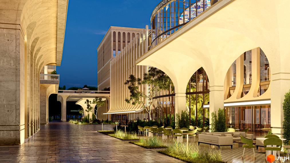 Житловий комплекс RESIDENTS AVENUE з аркадою та зонами відпочинку. Зовнішній вигляд новобудови та прибудинкової території.