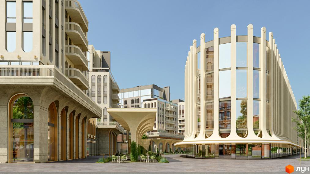 Зовнішній вигляд житлового комплексу RESIDENTS AVENUE з арковими елементами та скляними фасадами. Прибудинкова територія з місцями для відпочинку та озелененням.