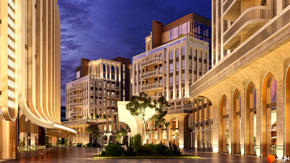 Житловий комплекс RESIDENTS AVENUE з елегантною архітектурою та підсвіченими арками. Прибудинкова територія з ландшафтним дизайном та освітленням.