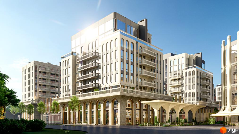 Житловий комплекс RESIDENTS AVENUE з архітектурою в стилі модерн та просторою прибудинковою територією з деревами та зонами відпочинку.