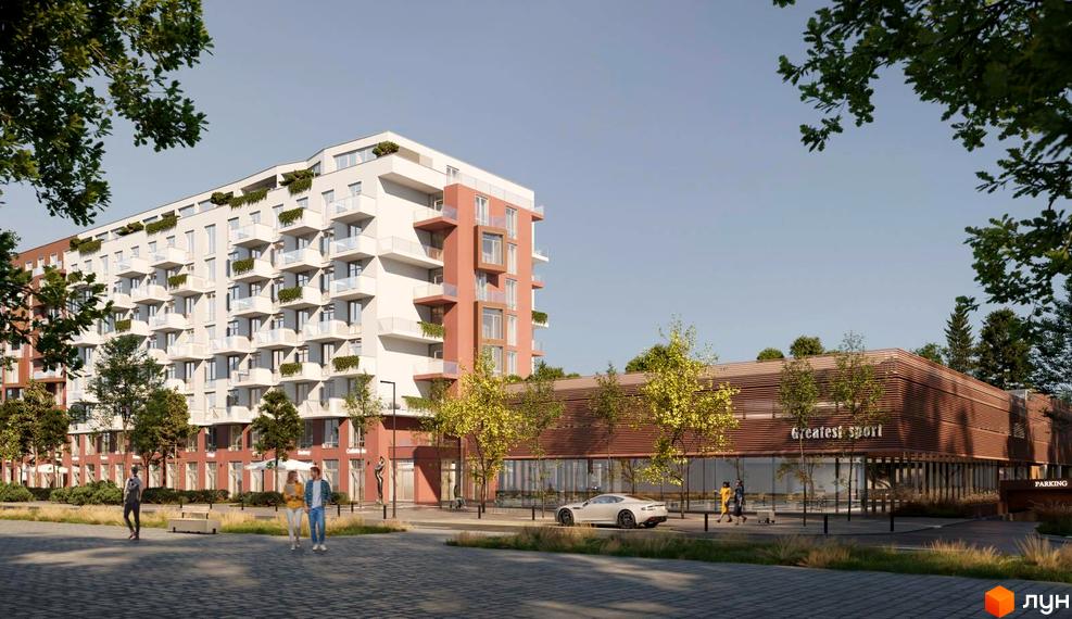 Житловий комплекс Prostir – це багатоповерхова будівля з балконами та комерційними приміщеннями на першому поверсі, розташована біля спортивного комплексу та паркінгу.