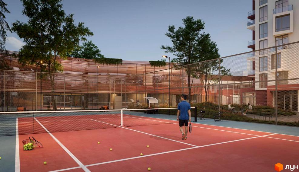 Житловий комплекс Prostir з тенісним кортом та зоною відпочинку. Сучасна архітектура та зелена територія для комфортного життя.