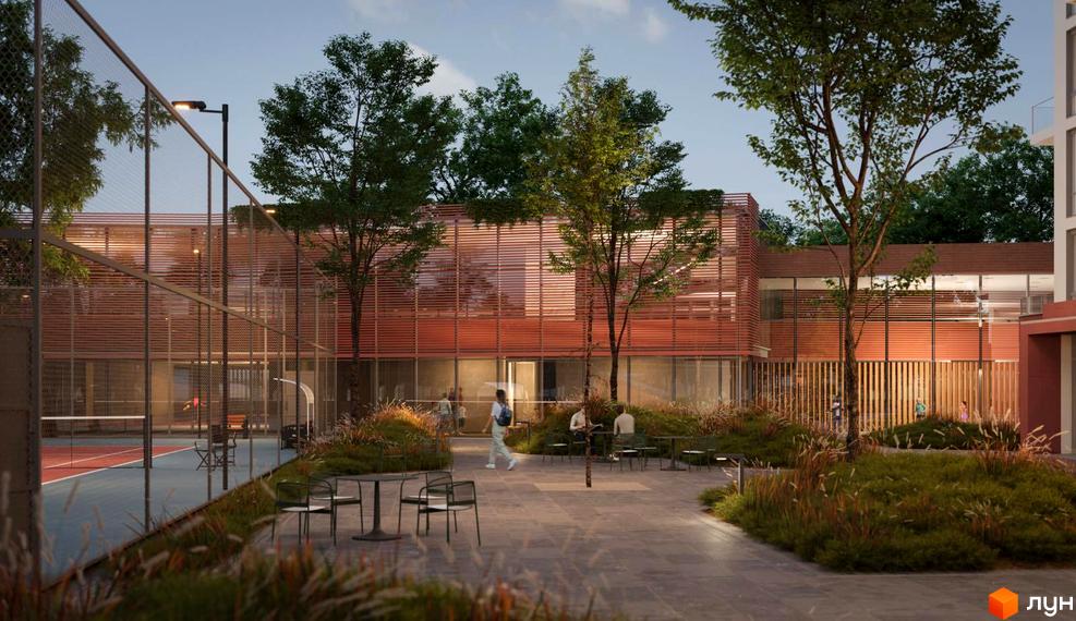 Житловий комплекс Prostir: сучасна архітектура з дерев'яними елементами та облаштована прибудинкова територія з місцями для відпочинку.