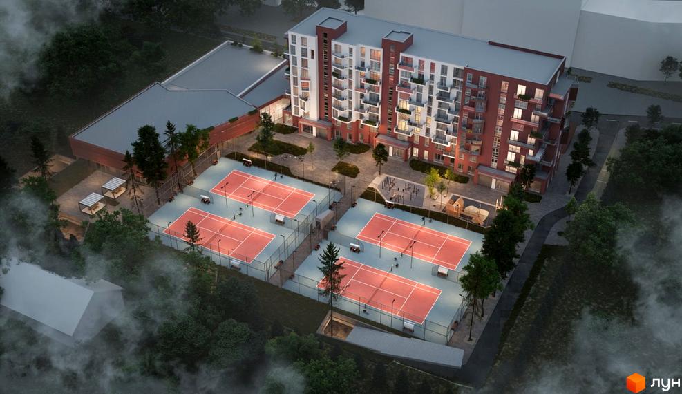 Житловий комплекс Prostir з червоно-білою фасадною частиною та тенісними кортами на прибудинковій території. Навколо комплексу зелені насадження та зони відпочинку.