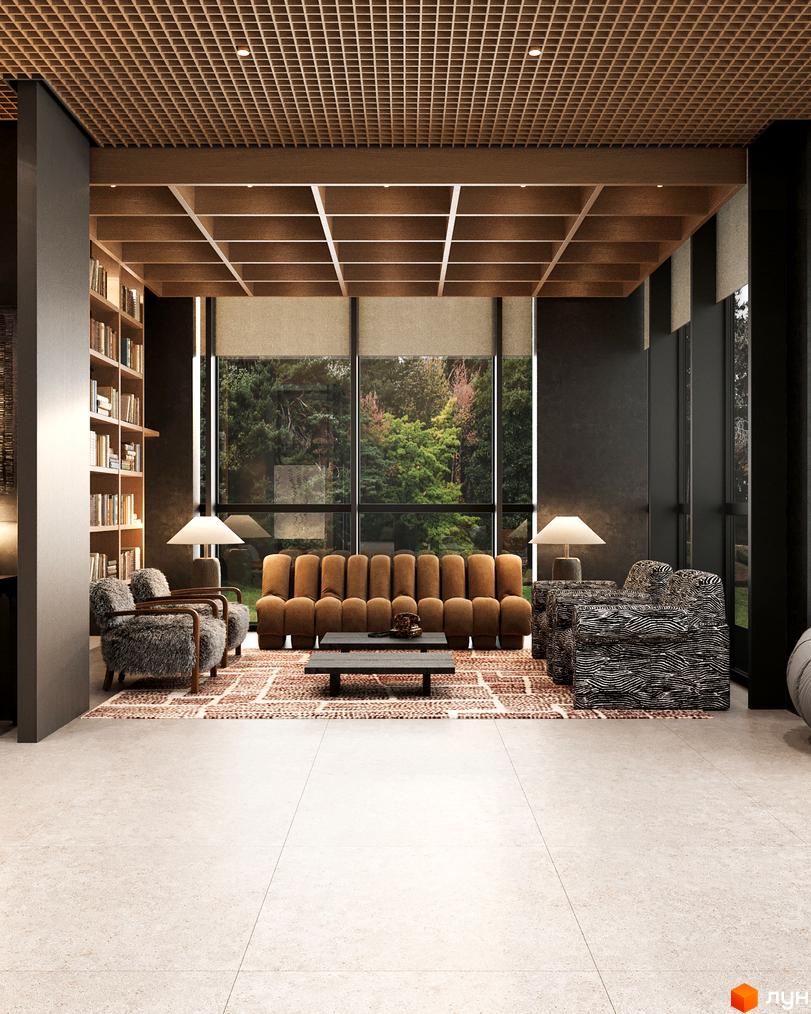 Інтер'єр вітальні в Erwin Hall з диваном, кріслами та кавовим столиком на тлі панорамних вікон з видом на зелень. Просторий дизайн з дерев'яною стелею та книжковими полицями.