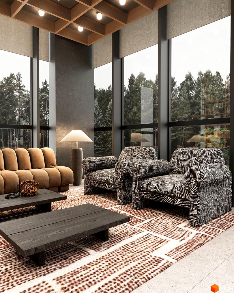 Інтер'єр вітальні у Erwin Hall з диваном, кріслами з принтом зебри та кавовими столиками на тлі панорамних вікон з видом на ліс.